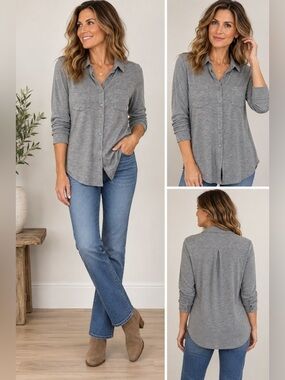 Merona jersey knit Gray collared Button-Up tunic Top with pockets Size Medium